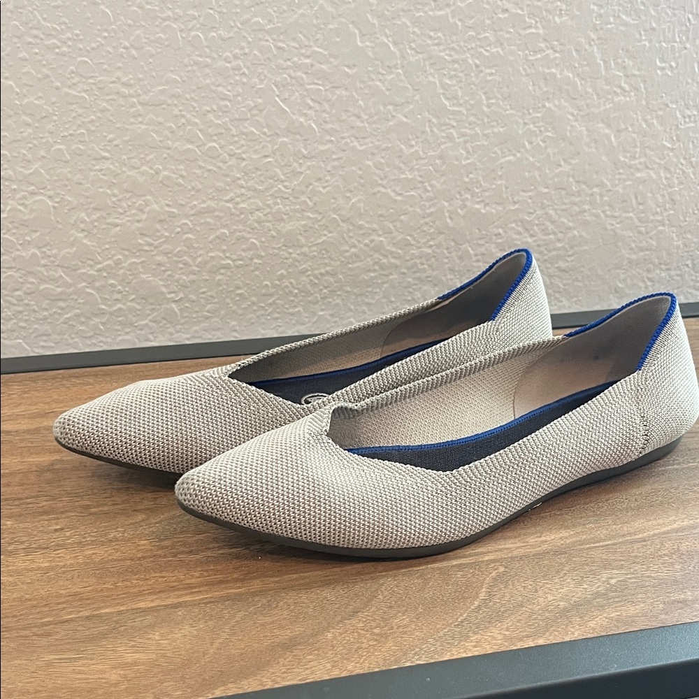 Rothy's Pointed-Toe Knit Flats in white/black with Blue Trim